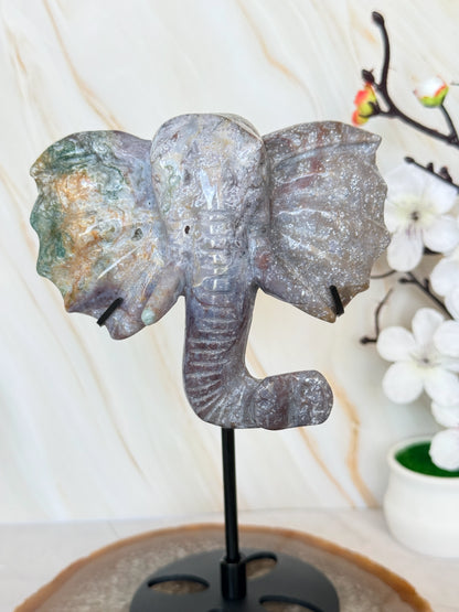 Ocean Jasper & Moss Agate Elephant Head Crystal Carving on Stand | Wisdom & Luck Sculpture