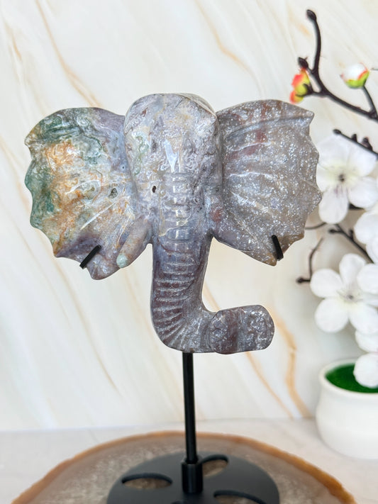Ocean Jasper & Moss Agate Elephant Head Crystal Carving on Stand | Wisdom & Luck Sculpture