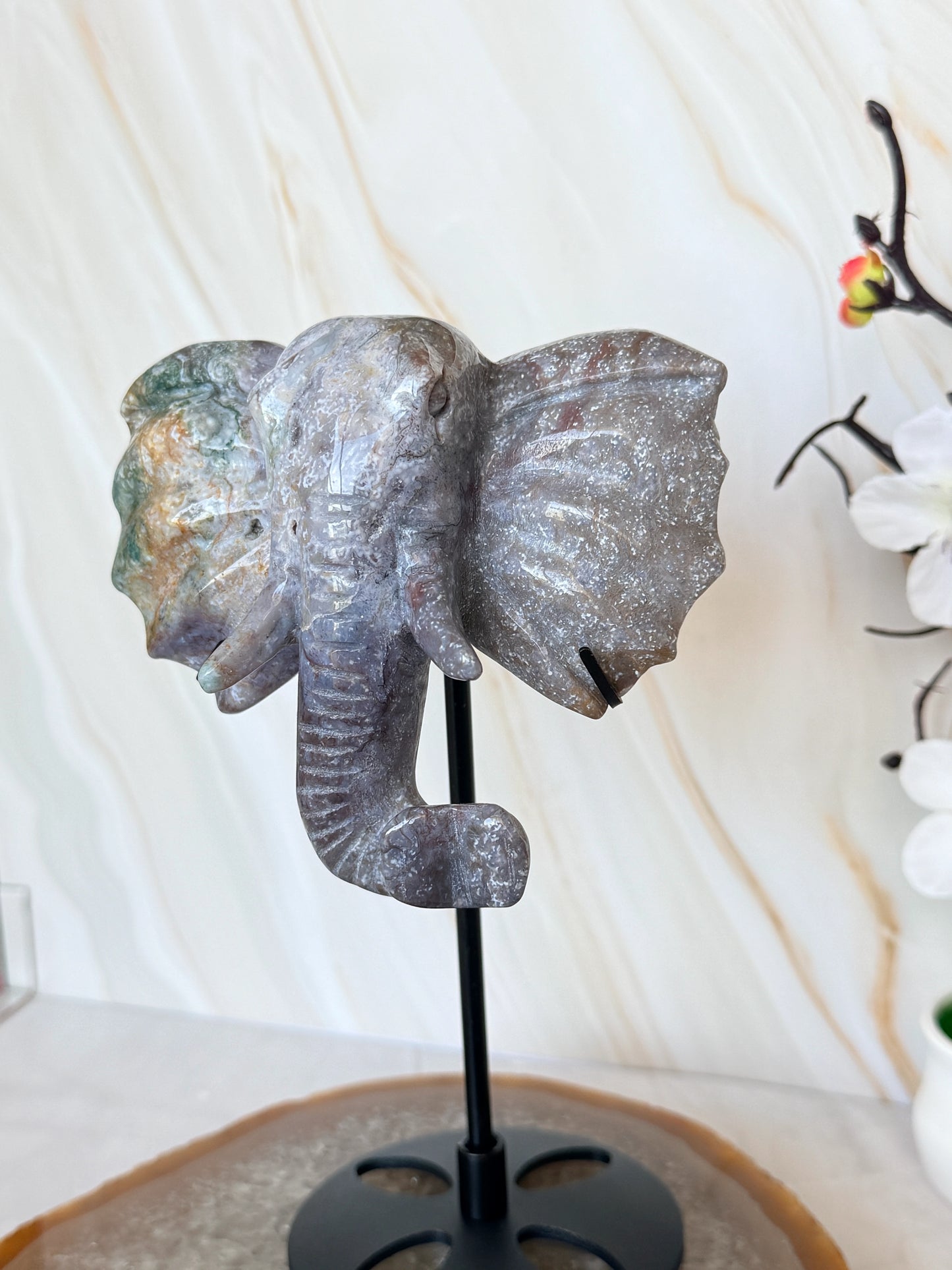 Ocean Jasper & Moss Agate Elephant Head Crystal Carving on Stand | Wisdom & Luck Sculpture