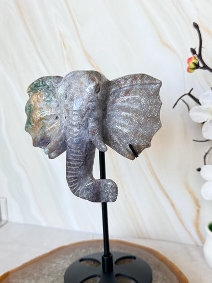 Ocean Jasper & Moss Agate Elephant Head Crystal Carving on Stand | Wisdom & Luck Sculpture