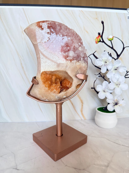 Brazilian Pink Amethyst Moon Slice on Stand | Natural Crystal Moon Décor | Luxury Crystal Gift