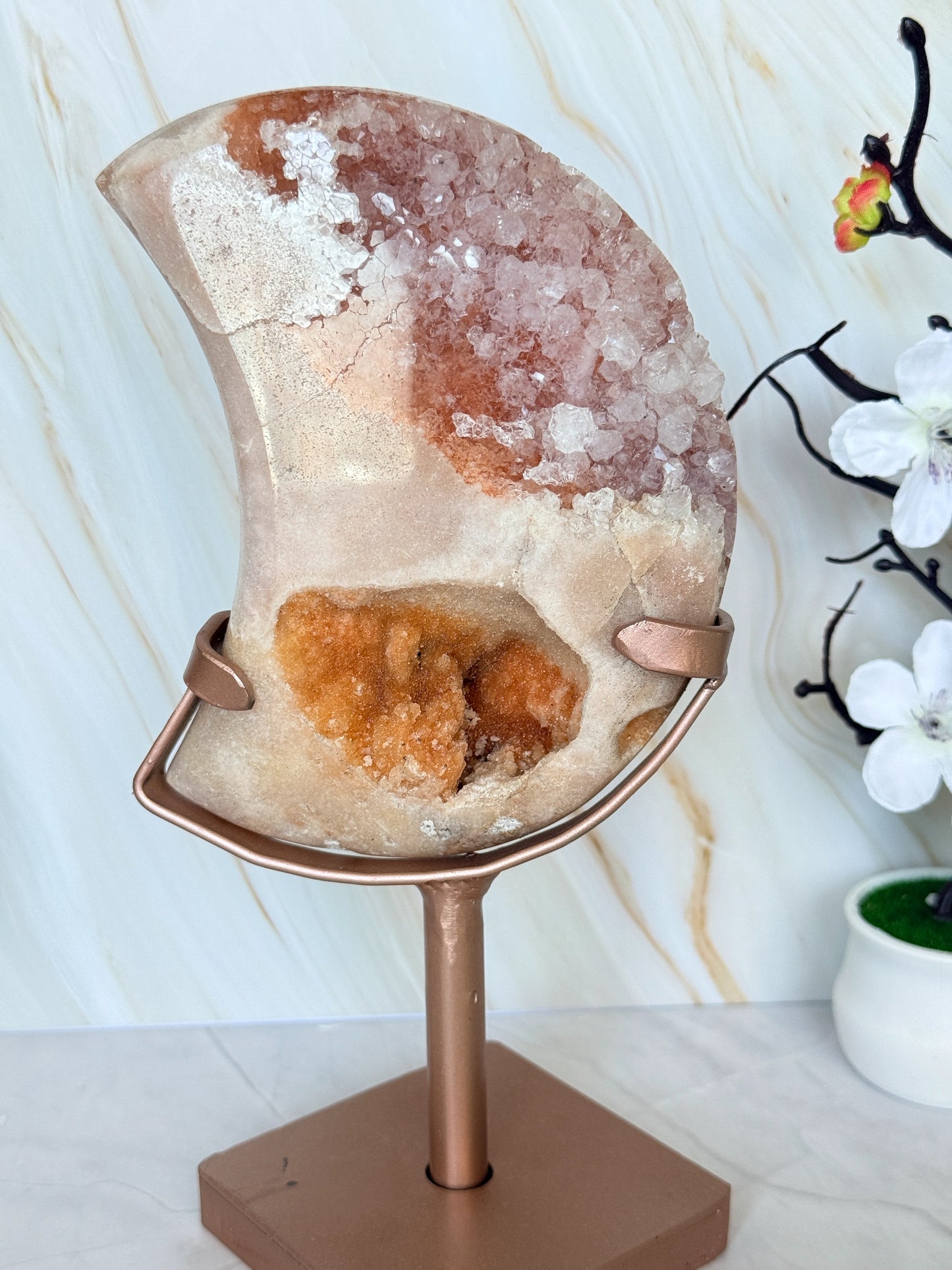 Brazilian Pink Amethyst Moon Slice on Stand | Natural Crystal Moon Décor | Luxury Crystal Gift