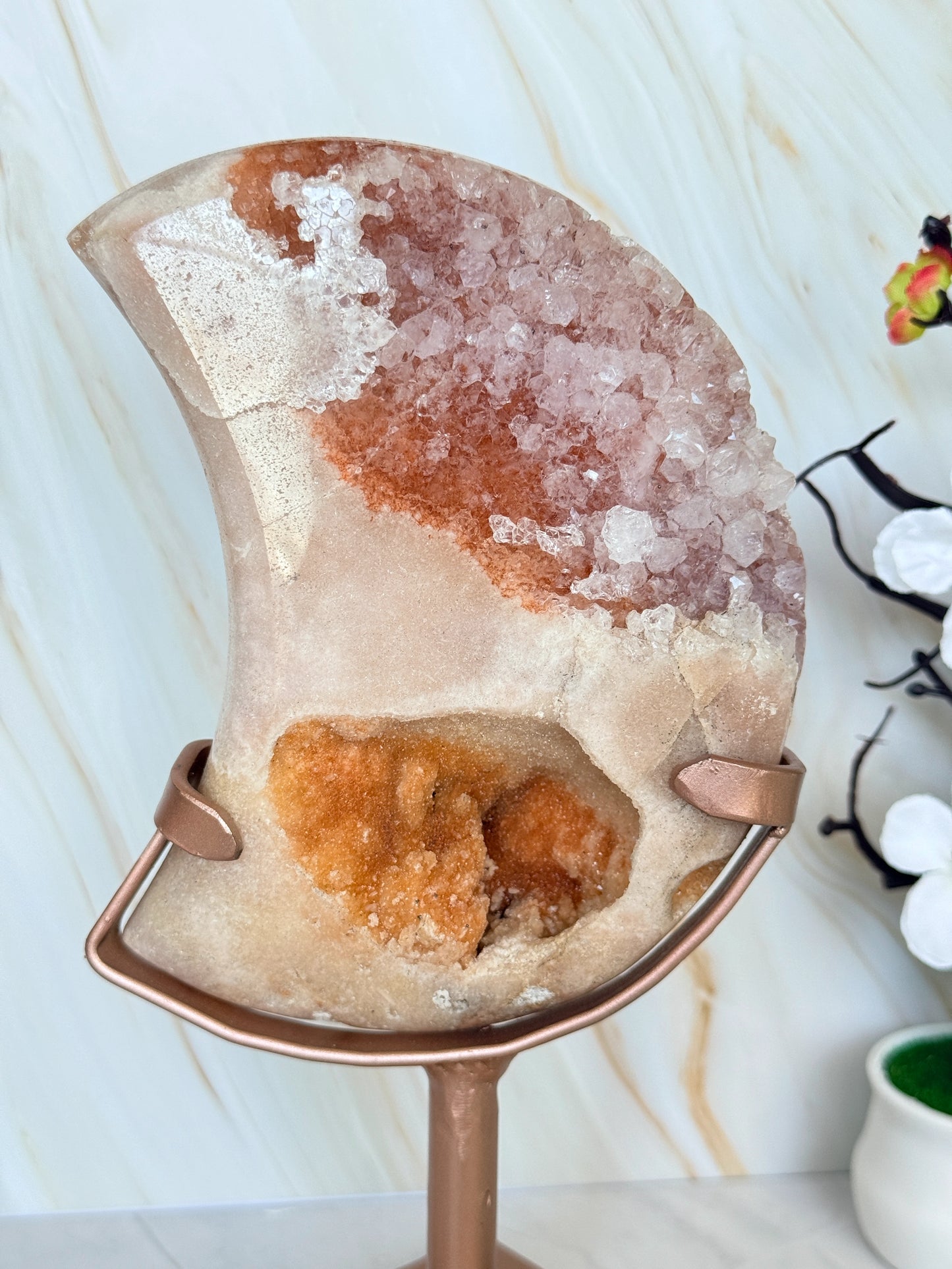 Brazilian Pink Amethyst Moon Slice on Stand | Natural Crystal Moon Décor | Luxury Crystal Gift