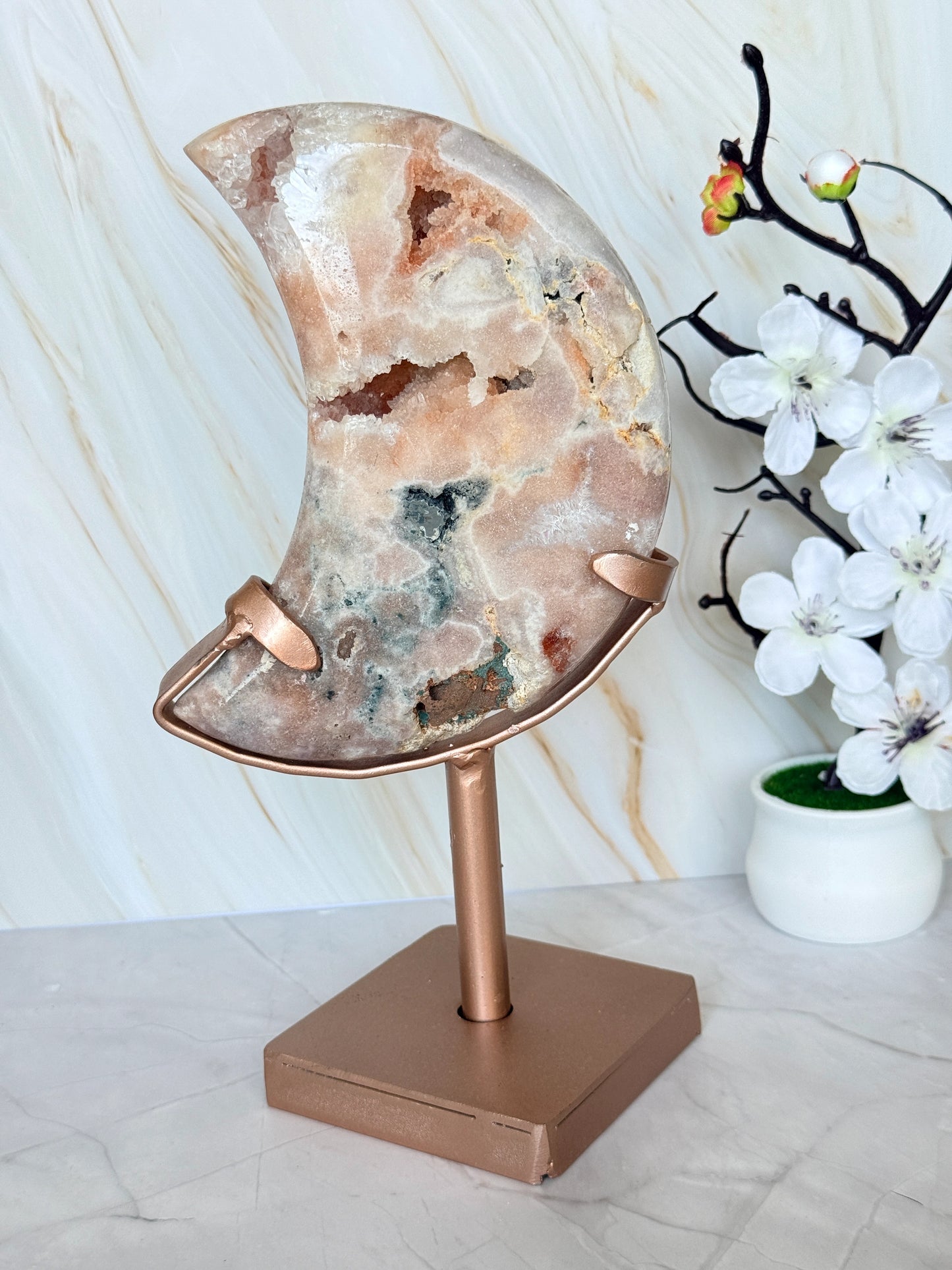 Brazilian Pink Amethyst Moon Slice on Stand | Natural Crystal Moon Décor | Luxury Crystal Gift
