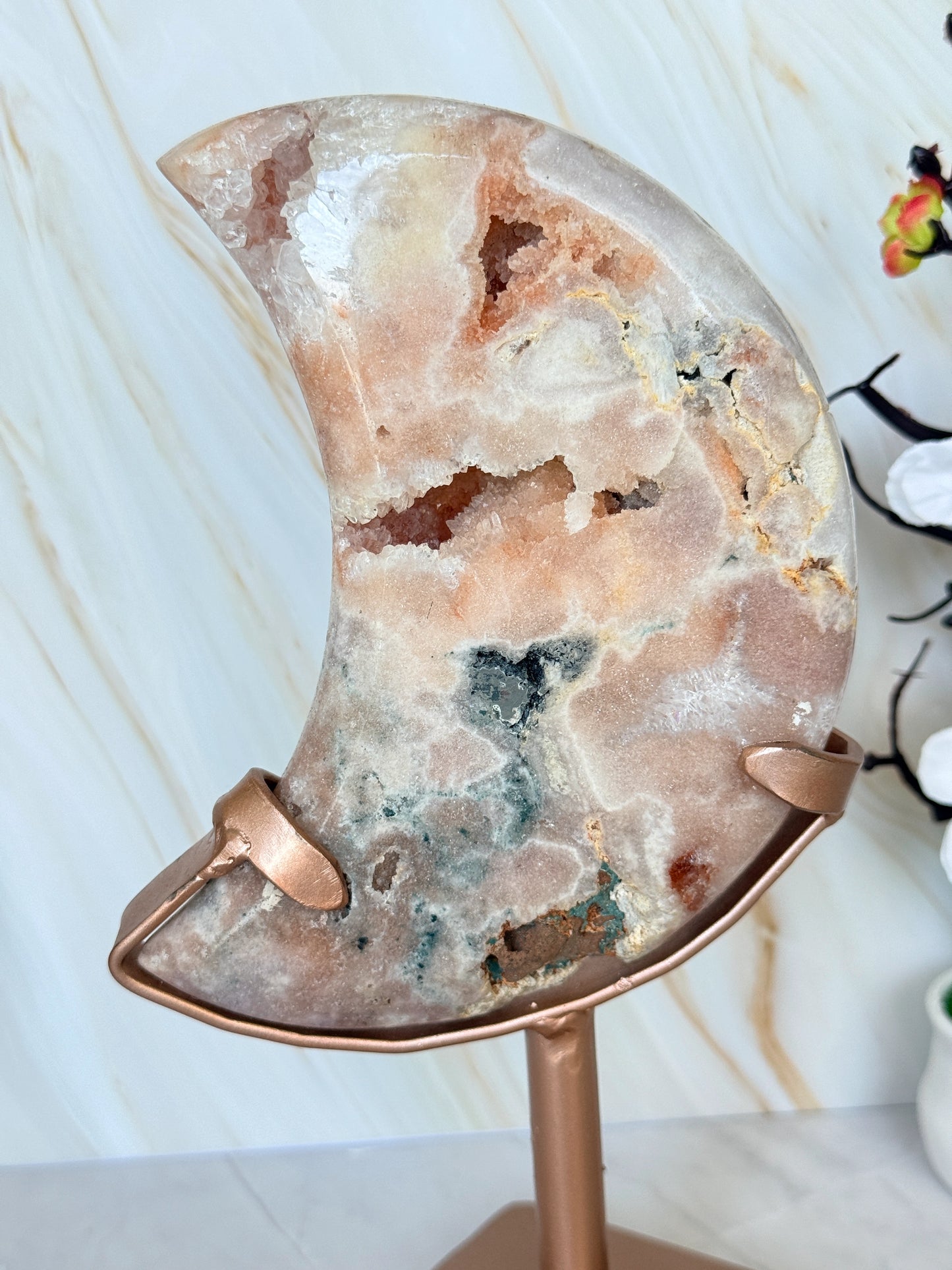 Brazilian Pink Amethyst Moon Slice on Stand | Natural Crystal Moon Décor | Luxury Crystal Gift