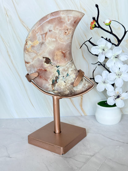 Brazilian Pink Amethyst Moon Slice on Stand | Natural Crystal Moon Décor | Luxury Crystal Gift