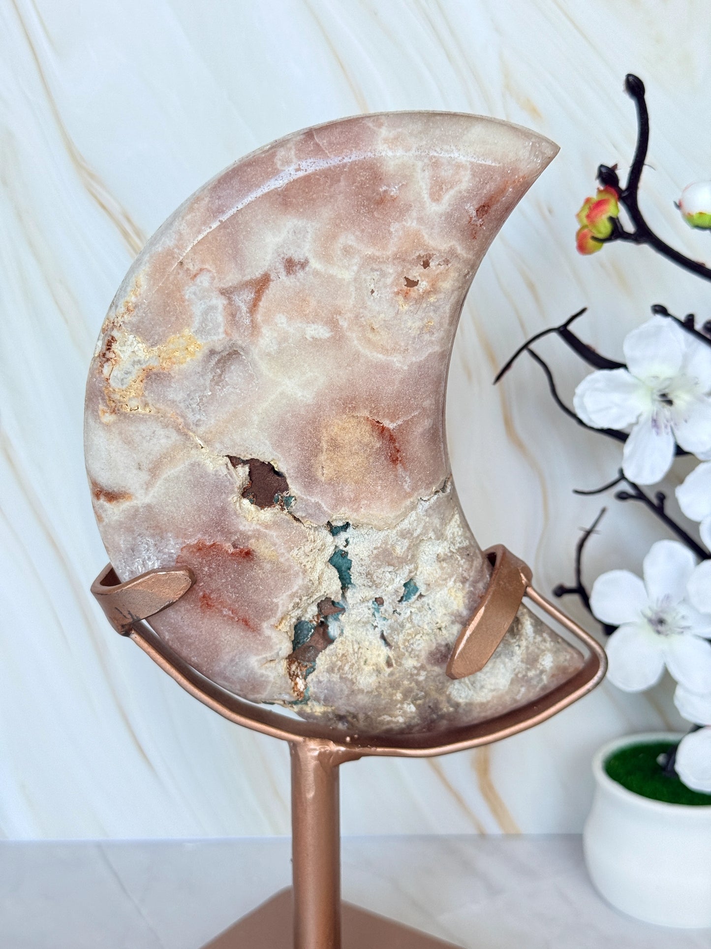 Brazilian Pink Amethyst Moon Slice on Stand | Natural Crystal Moon Décor | Luxury Crystal Gift
