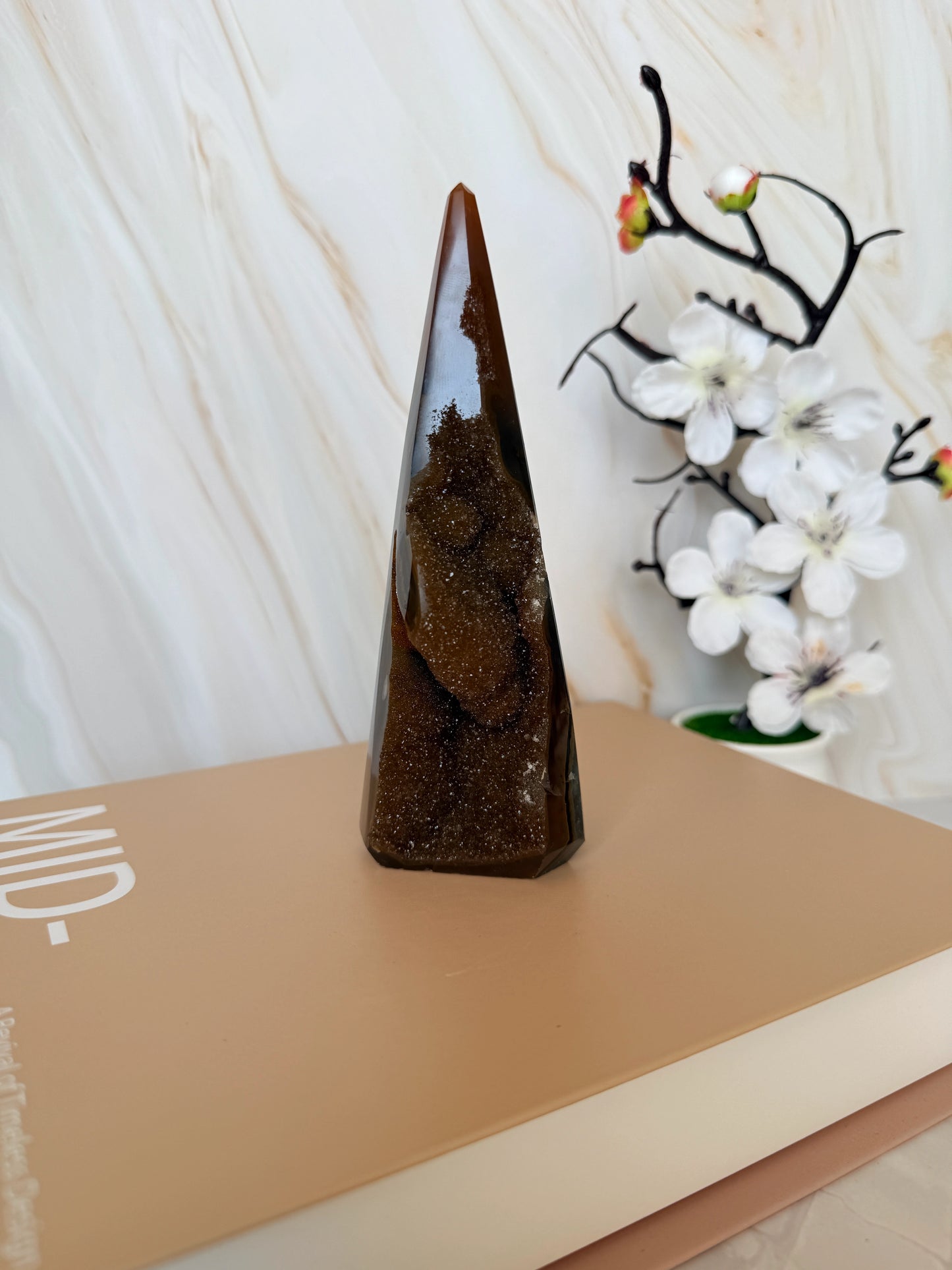One of a Kind Druzy Agate Tower | Deep Brown | Polished with Natural Druzy Face | 15cm