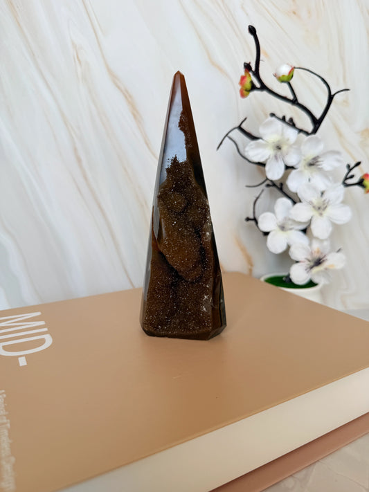 One of a Kind Druzy Agate Tower | Deep Brown | Polished with Natural Druzy Face | 15cm