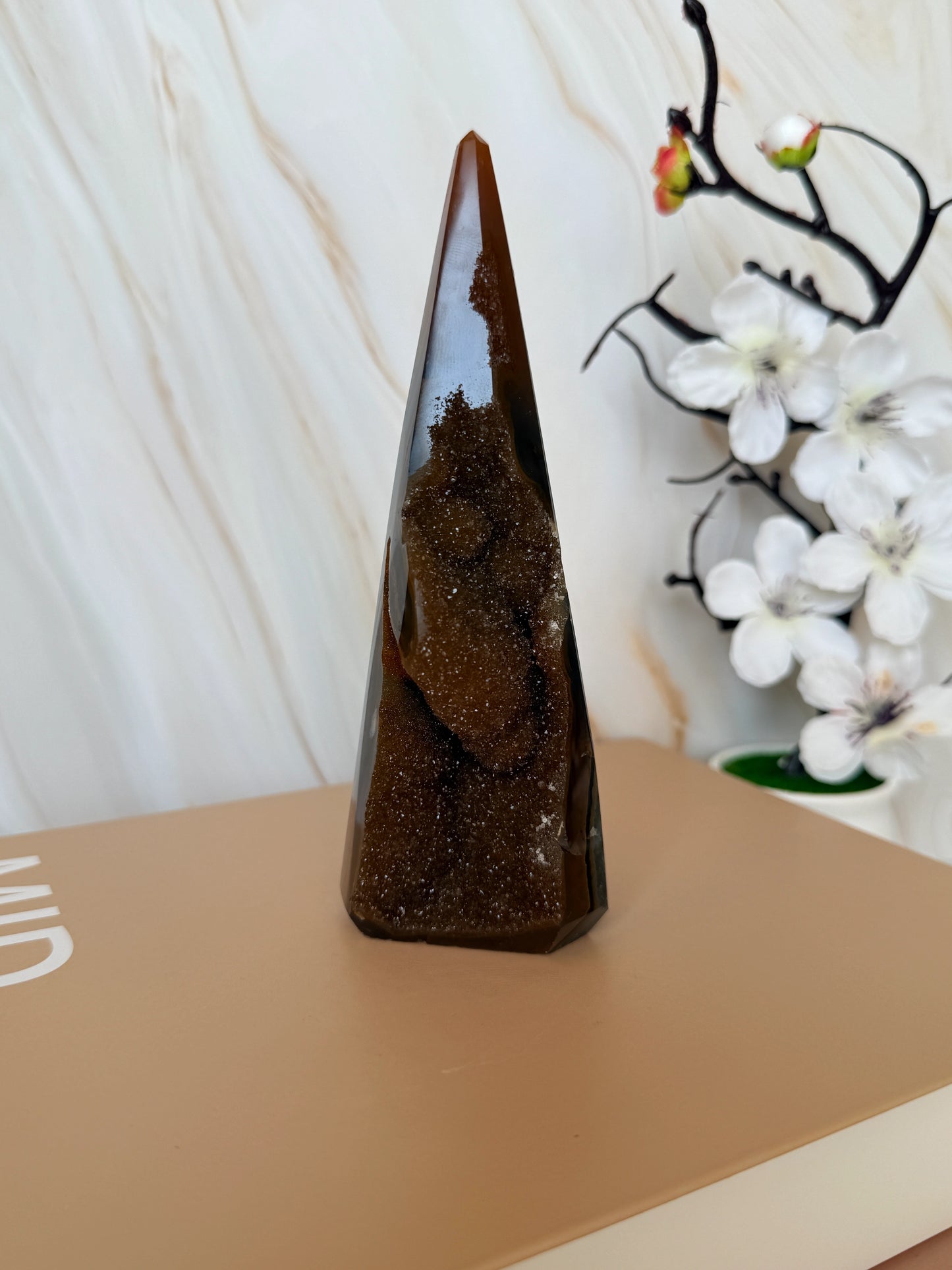 One of a Kind Druzy Agate Tower | Deep Brown | Polished with Natural Druzy Face | 15cm