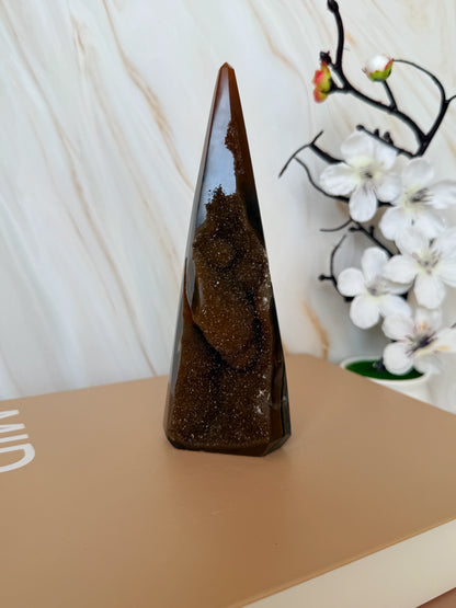 One of a Kind Druzy Agate Tower | Deep Brown | Polished with Natural Druzy Face | 15cm