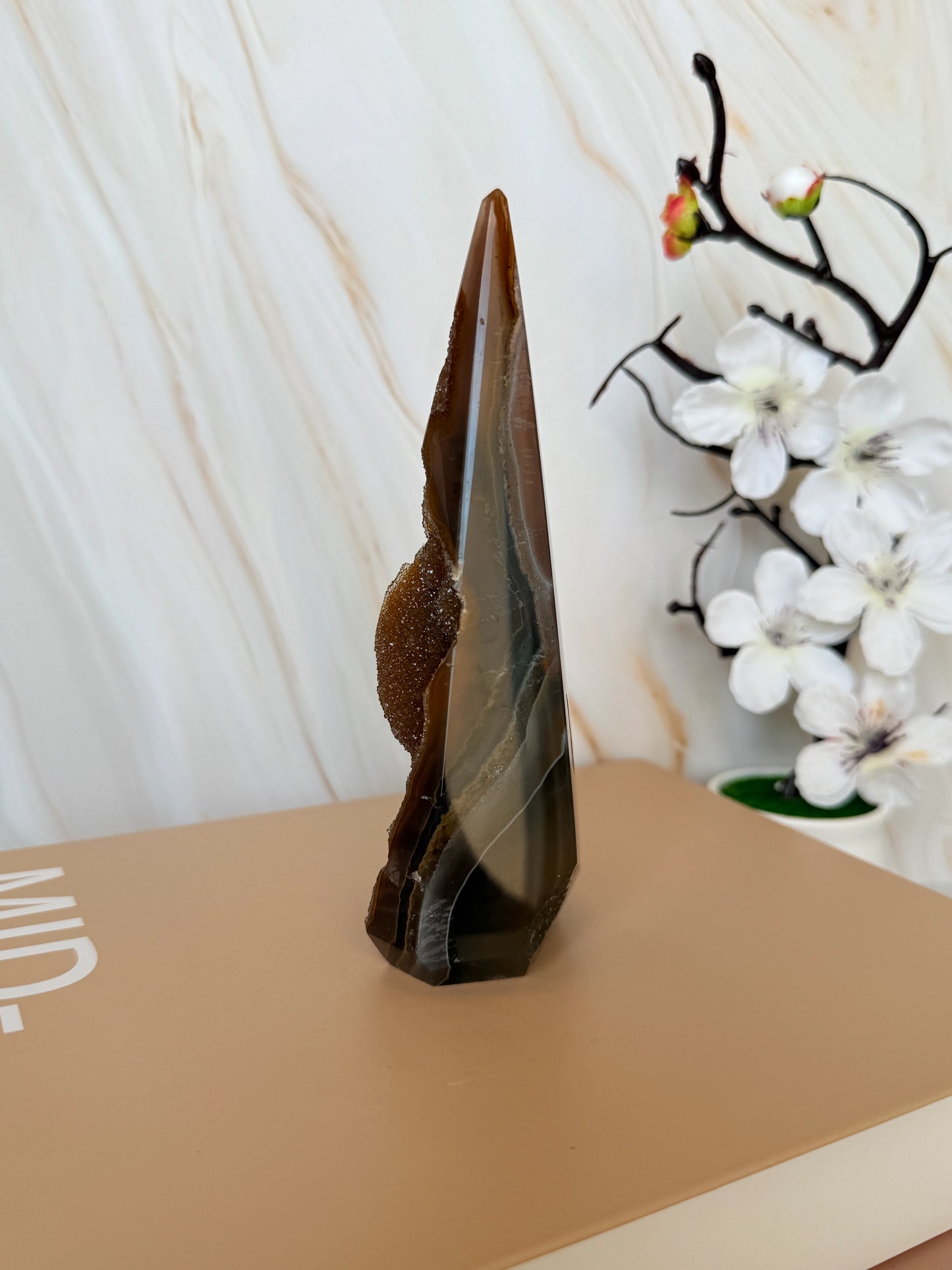 One of a Kind Druzy Agate Tower | Deep Brown | Polished with Natural Druzy Face | 15cm