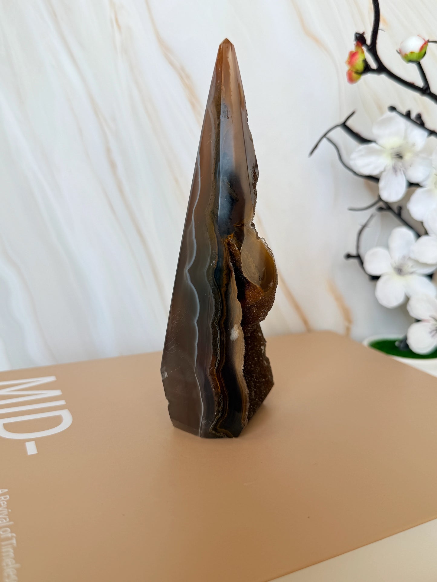 One of a Kind Druzy Agate Tower | Deep Brown | Polished with Natural Druzy Face | 15cm
