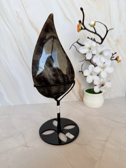 3D Smoky Quartz Flame on Stand | Deep Smoky Charcoal Crystal Carving | 21cm