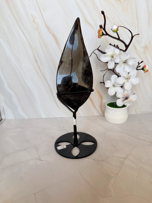 3D Smoky Quartz Flame on Stand | Deep Smoky Charcoal Crystal Carving | 21cm