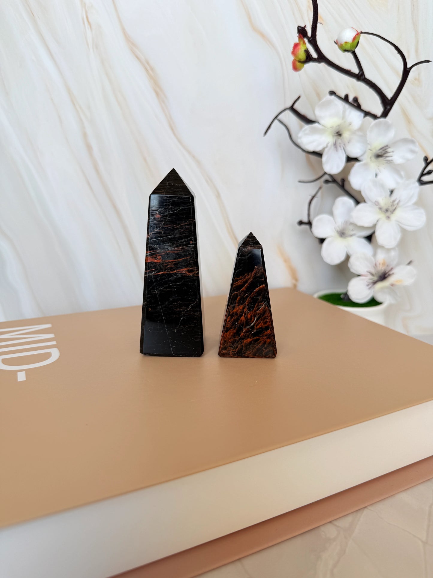 Polished Black Tourmaline & Red Jasper Obelisk Pair | Protection Crystal | Brazil