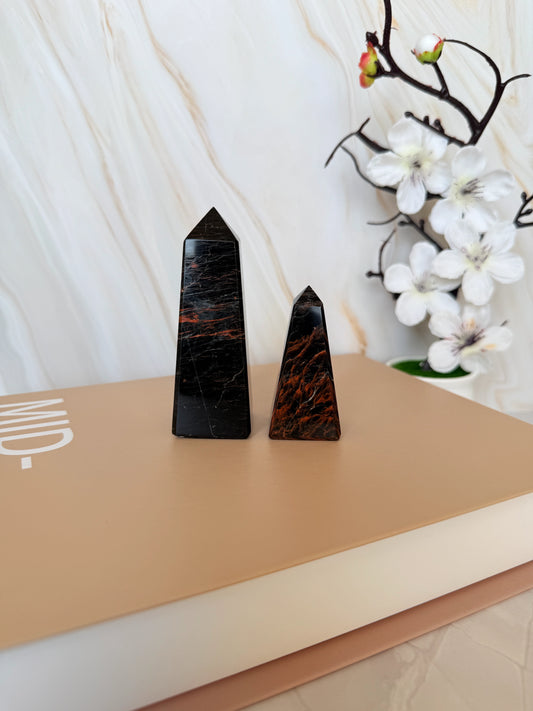 Polished Black Tourmaline & Red Jasper Obelisk Pair | Protection Crystal | Brazil
