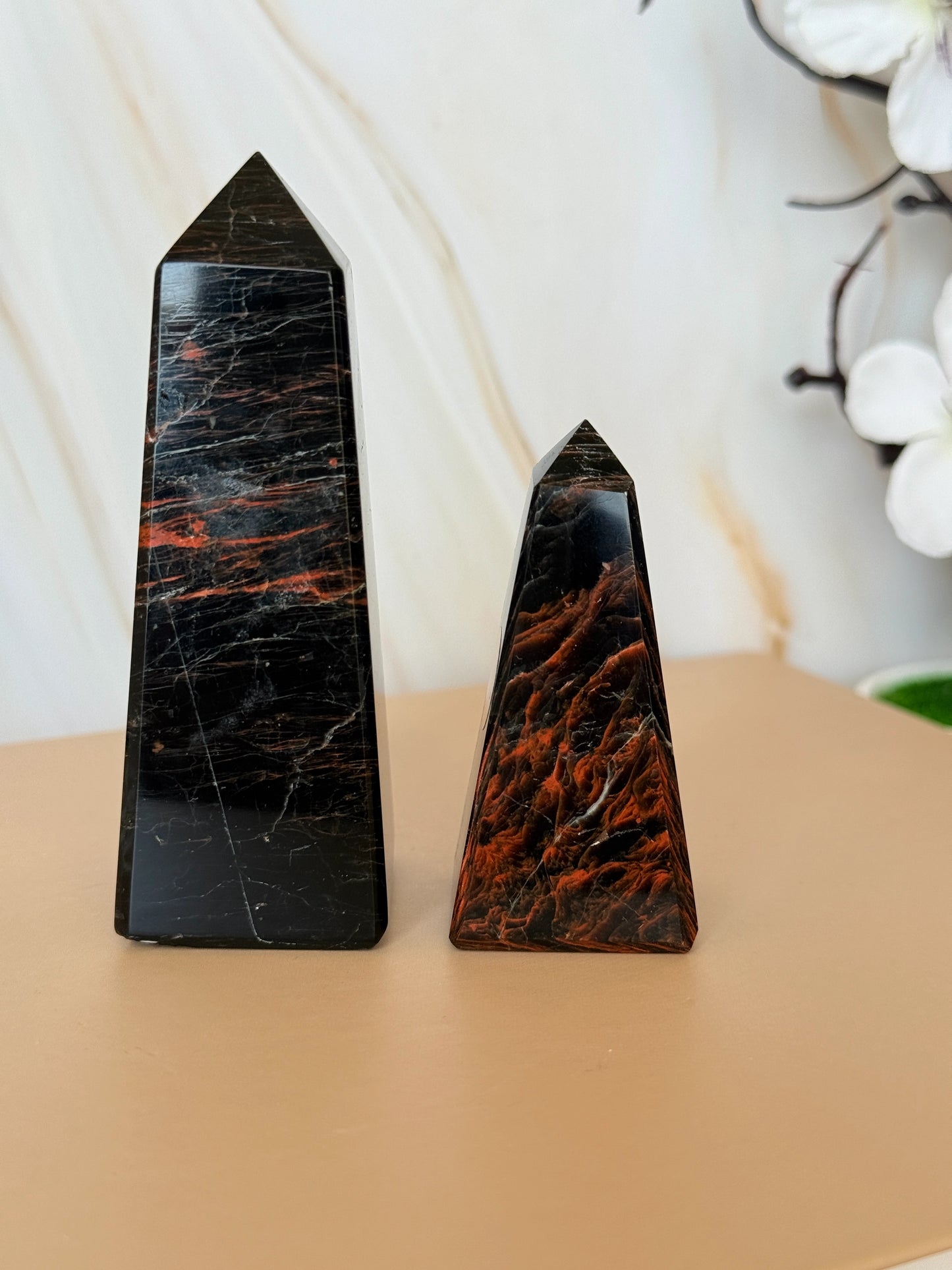 Polished Black Tourmaline & Red Jasper Obelisk Pair | Protection Crystal | Brazil