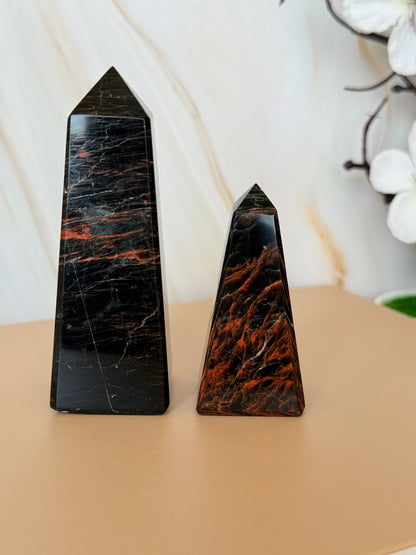 Polished Black Tourmaline & Red Jasper Obelisk Pair | Protection Crystal | Brazil