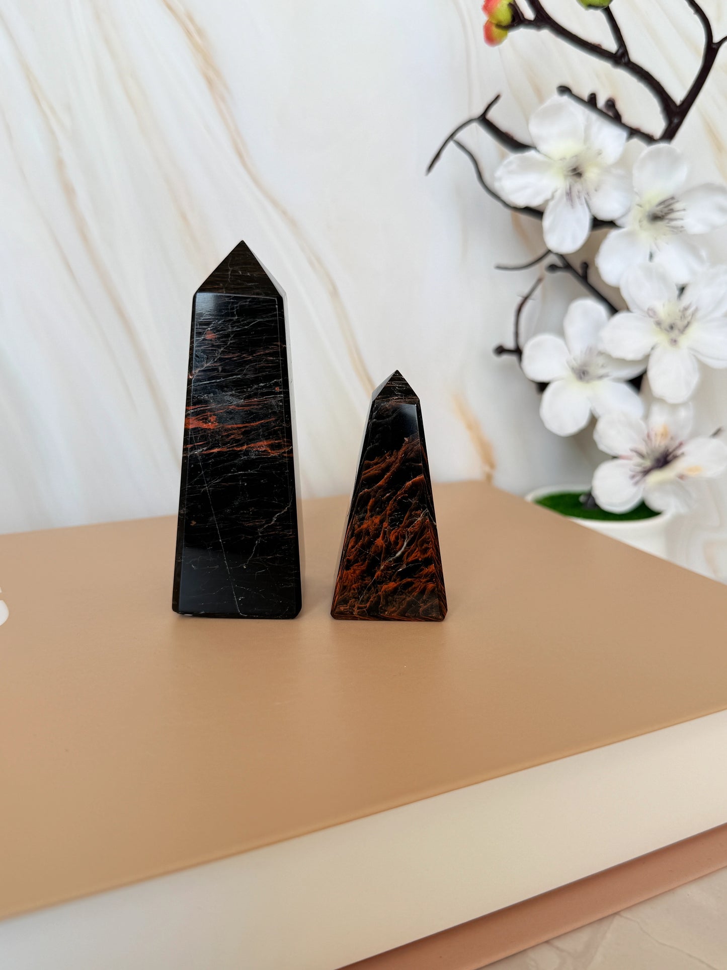 Polished Black Tourmaline & Red Jasper Obelisk Pair | Protection Crystal | Brazil