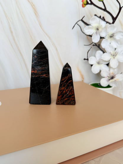 Polished Black Tourmaline & Red Jasper Obelisk Pair | Protection Crystal | Brazil