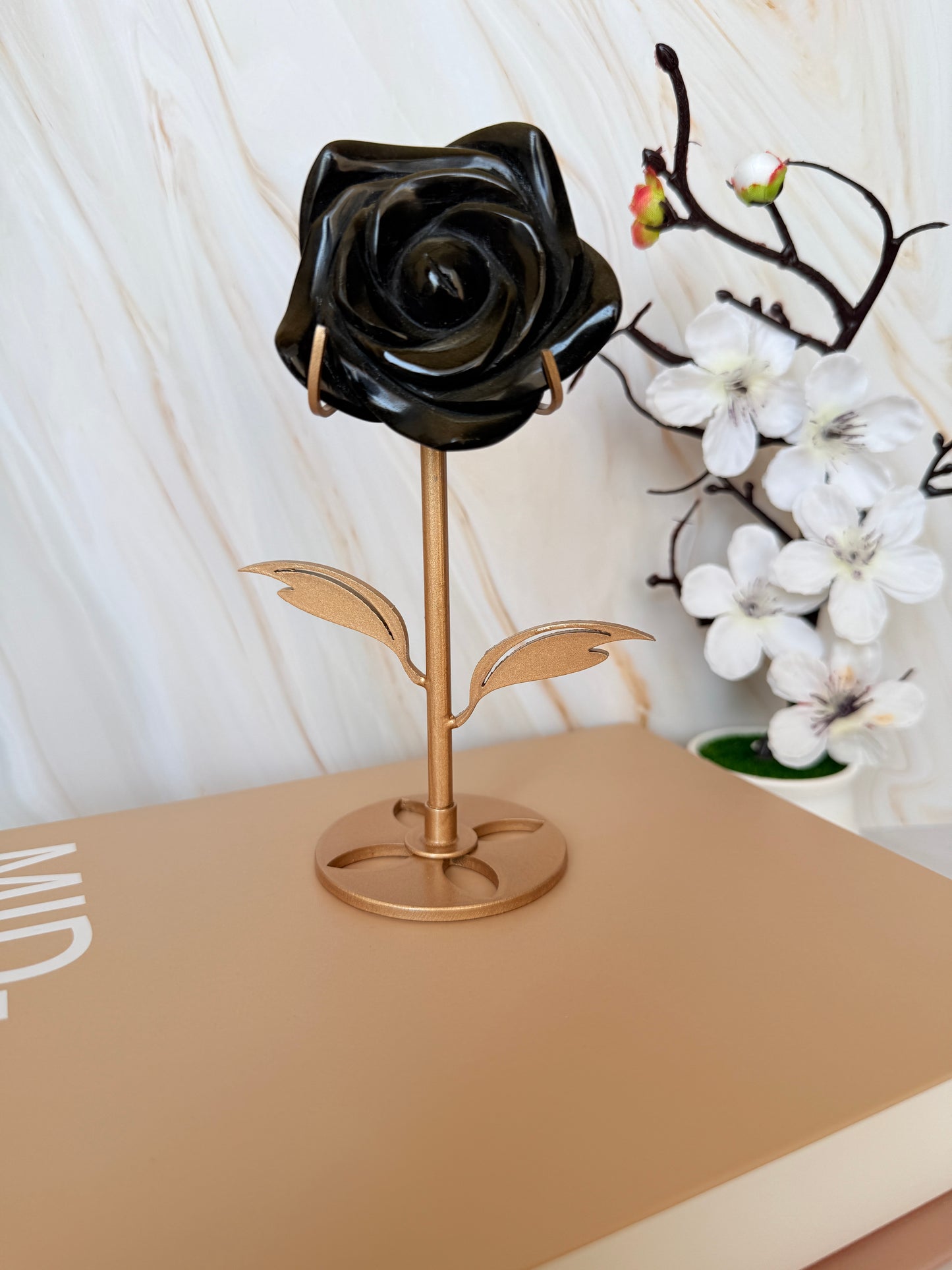 Crystal Rose Flower on Gold Stand | Natural Gemstone | 15.5cm | Choose Your Stone