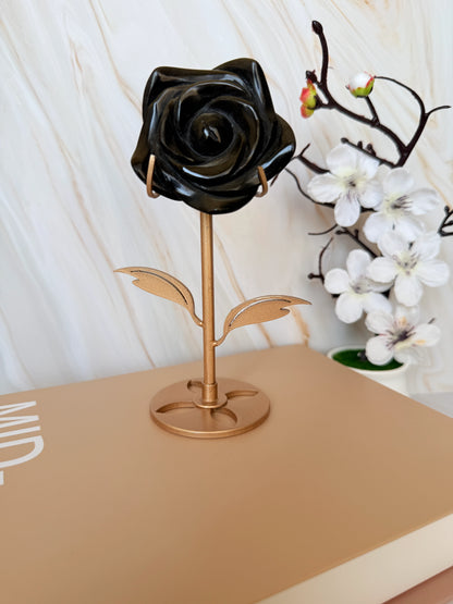 Golden Sheen Obsidian Rose Carving on Gold Stand | One of a Kind | 16.5cm
