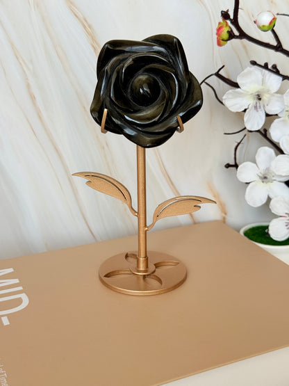 Crystal Rose Flower on Gold Stand | Natural Gemstone | 15.5cm | Choose Your Stone
