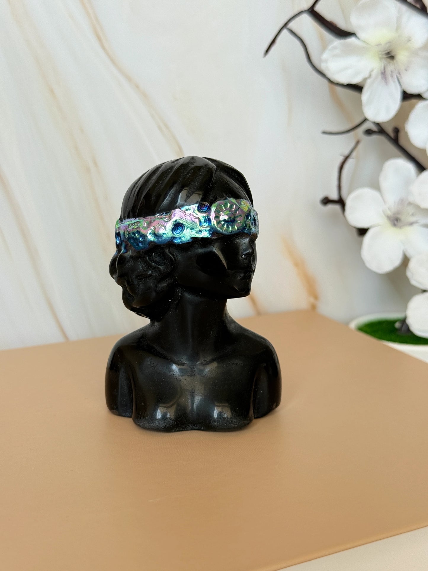 Black Obsidian Lady Bust Carving | Aura Coated Blindfold | Polished | 7.5cm | China