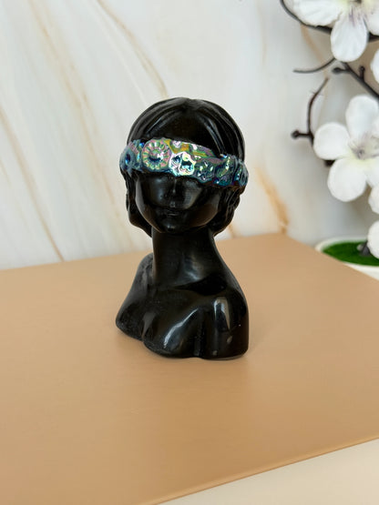 Black Obsidian Lady Bust Carving | Aura Coated Blindfold | Polished | 7.5cm | China