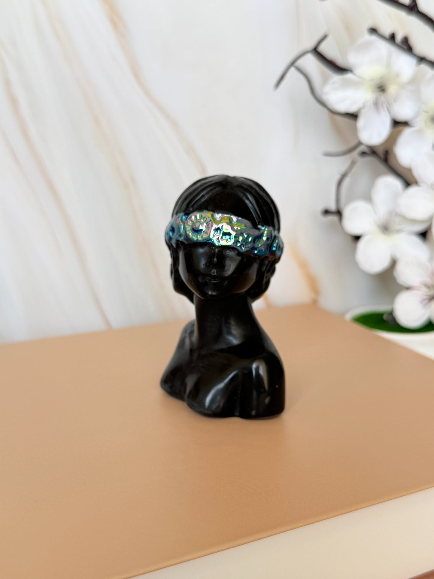 Black Obsidian Lady Bust Carving | Aura Coated Blindfold | Polished | 7.5cm | China