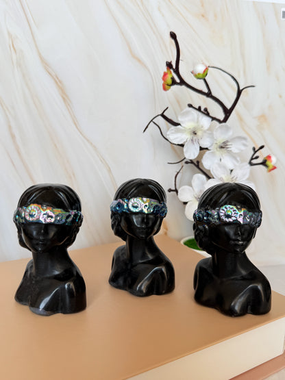 Black Obsidian Lady Bust Carving | Aura Coated Blindfold | Polished | 7.5cm | China