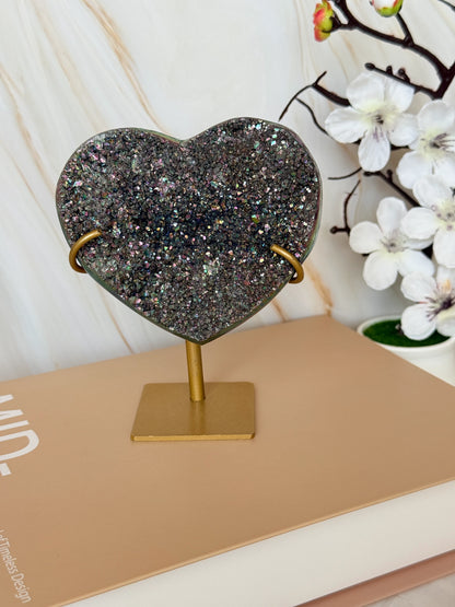 Titanium Aura Druzy Black Agate Heart on Gold Stand | One of a Kind | 13.5cm | Brazil
