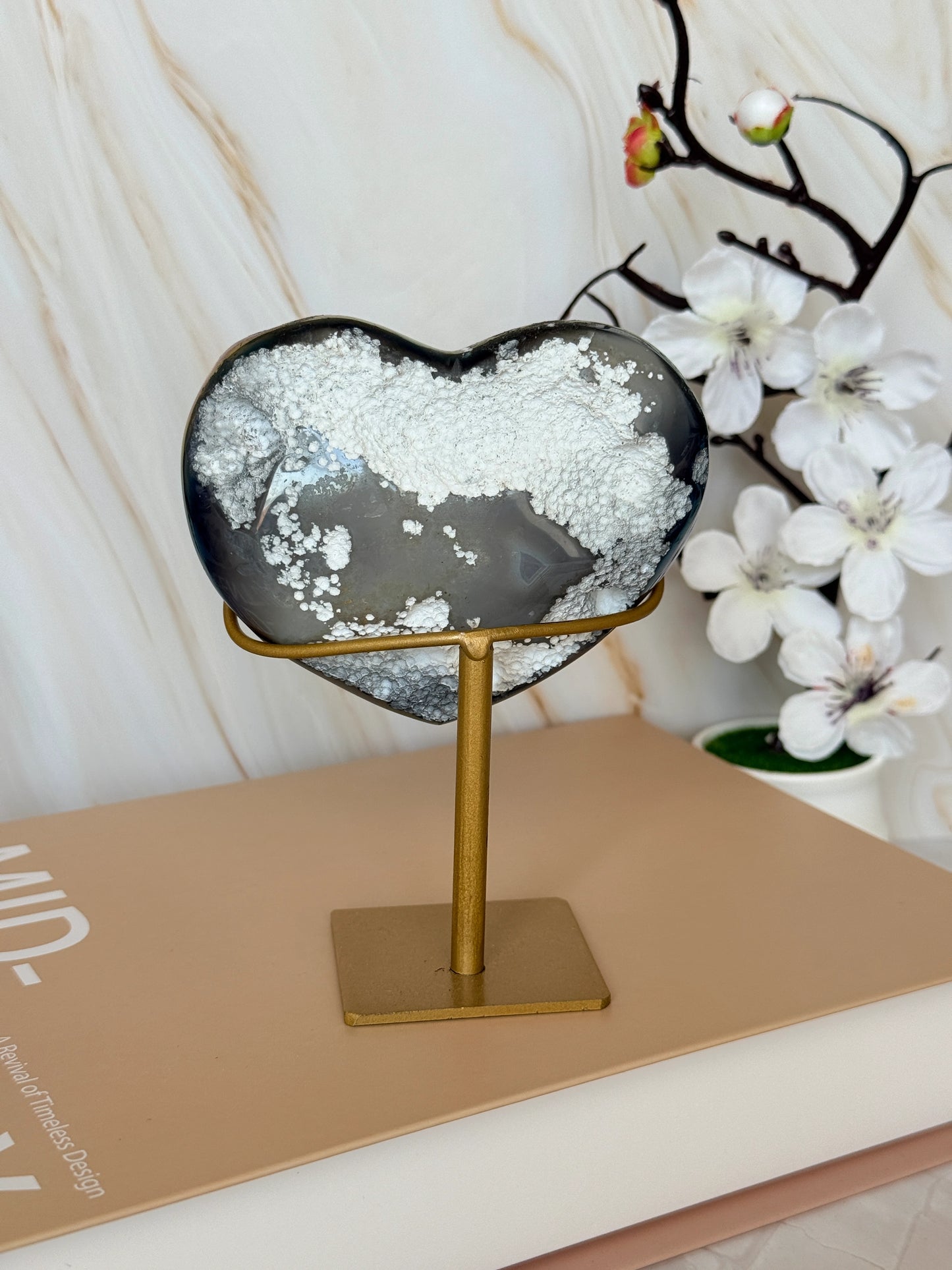 Titanium Aura Druzy Black Agate Heart on Gold Stand | One of a Kind | 13.5cm | Brazil