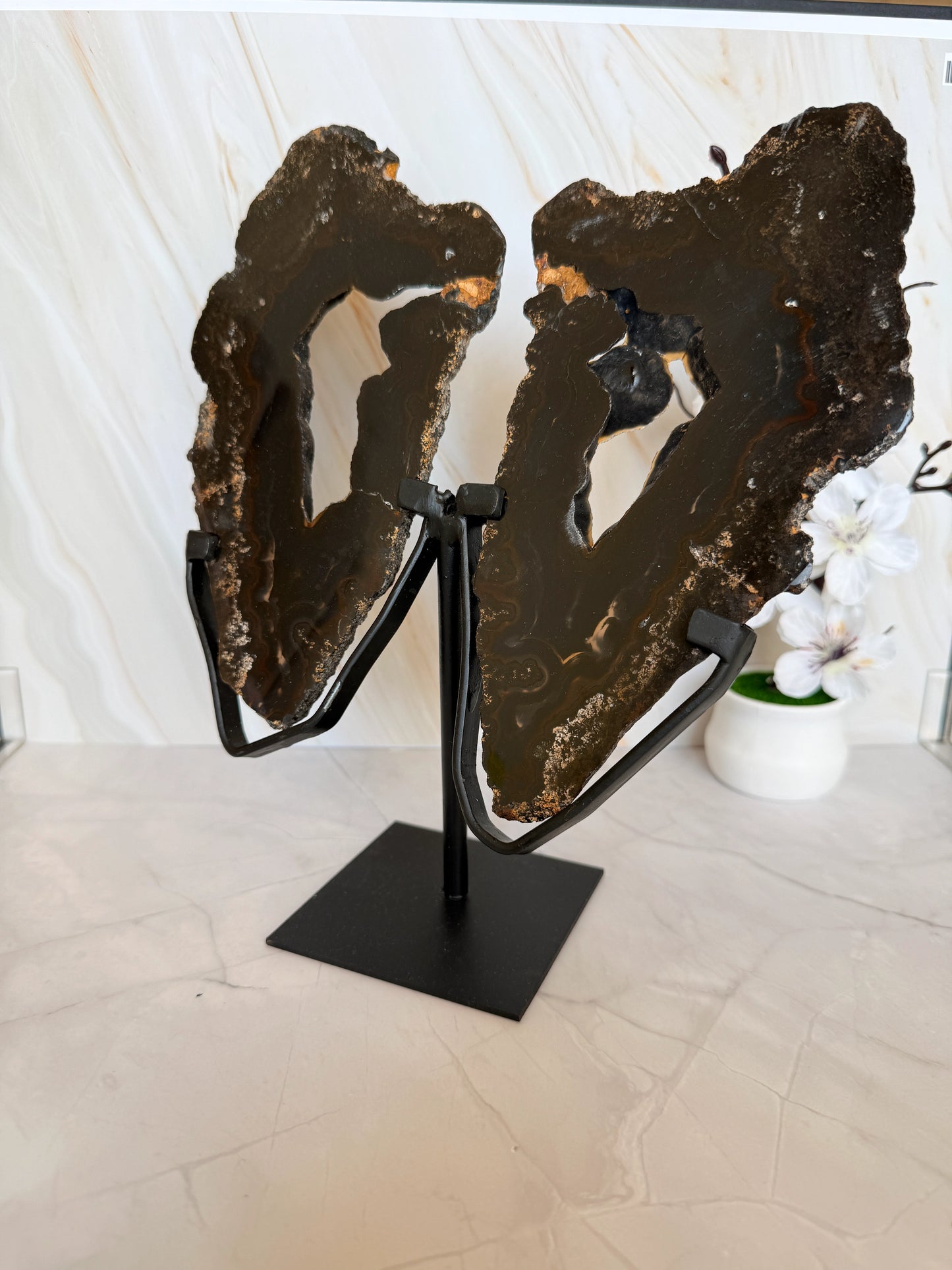 Black Agate Butterfly Wings on Stand | Natural Slices | One of a Kind | 26.5cm | Brazil
