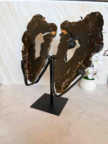 Black Agate Butterfly Wings on Stand | Natural Slices | One of a Kind | 26.5cm | Brazil