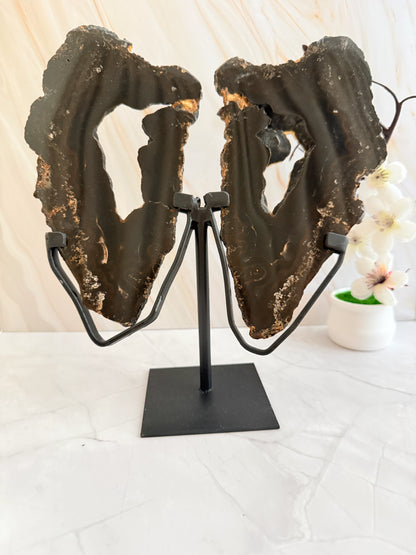 Black Agate Butterfly Wings on Stand | Natural Slices | One of a Kind | 26.5cm | Brazil