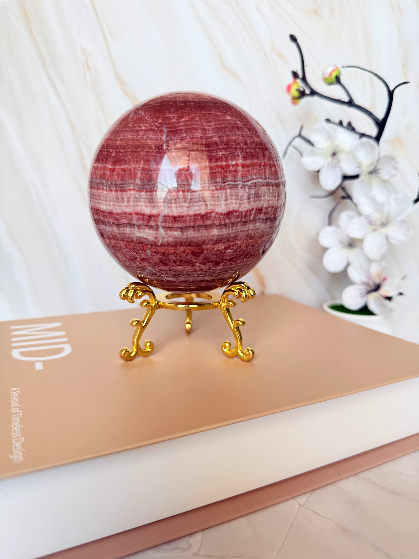 Red Banded Calcite Sphere | Pork Stone | Deep Raspberry & White Banding | Polished | 9cm
