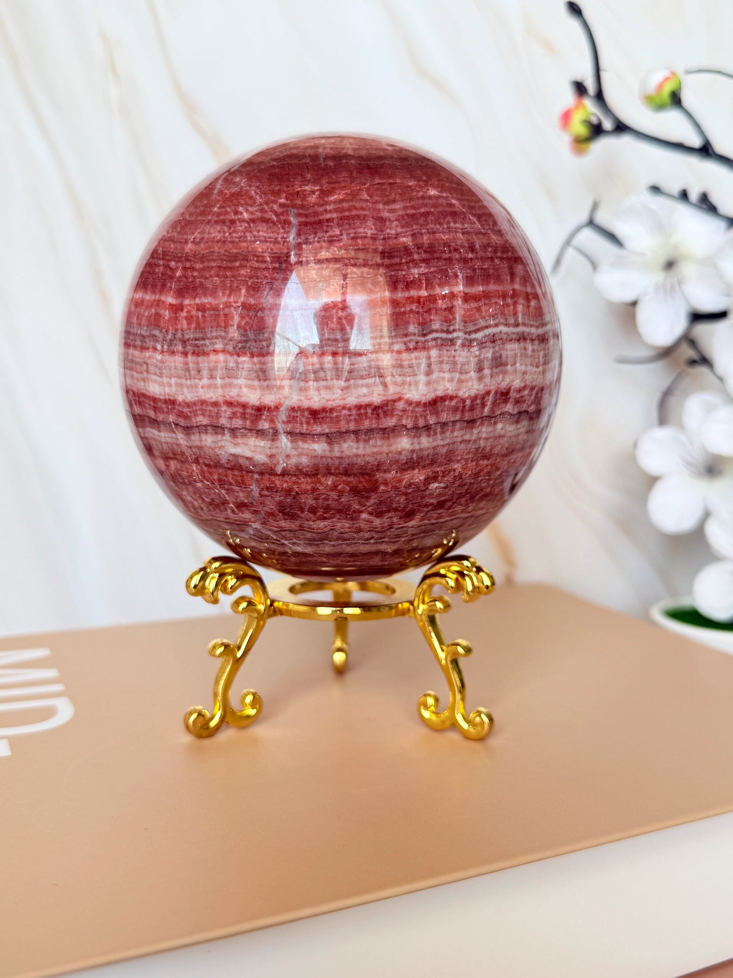 Red Banded Calcite Sphere | Pork Stone | Deep Raspberry & White Banding | Polished | 9cm