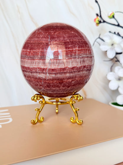 Red Banded Calcite Sphere | Pork Stone | Deep Raspberry & White Banding | Polished | 9cm