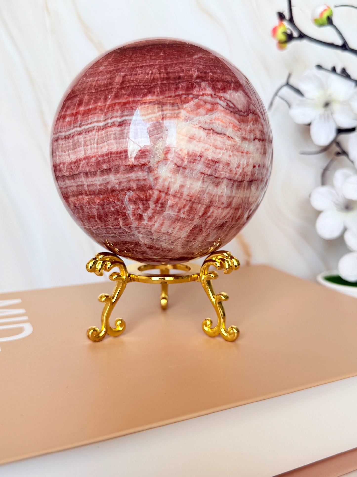 Red Banded Calcite Sphere | Pork Stone | Deep Raspberry & White Banding | Polished | 9cm