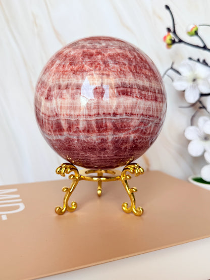Red Banded Calcite Sphere | Pork Stone | Deep Raspberry & White Banding | Polished | 10cm | Peru