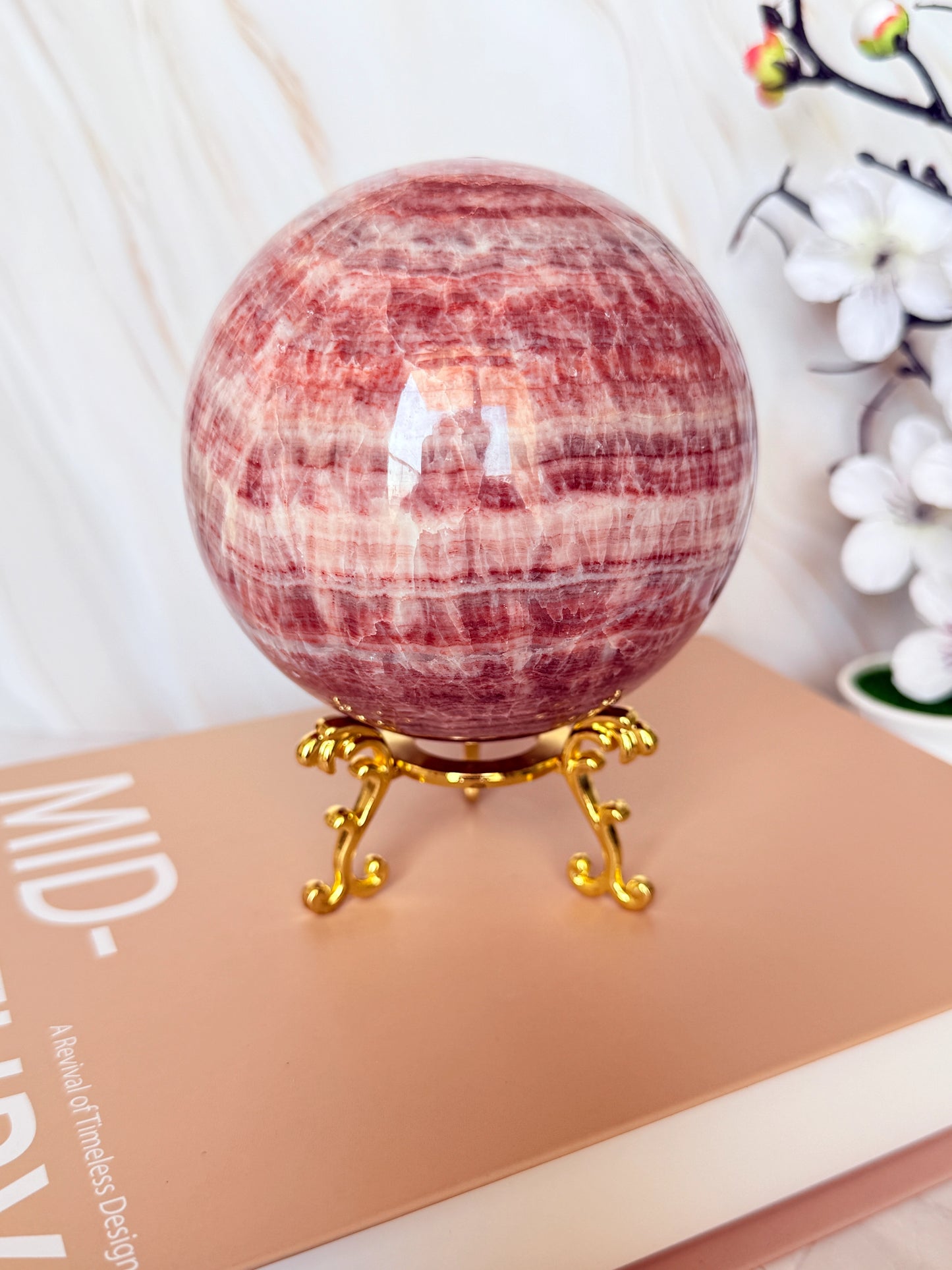 Red Banded Calcite Sphere | Pork Stone | Deep Raspberry & White Banding | Polished | 10cm | Peru