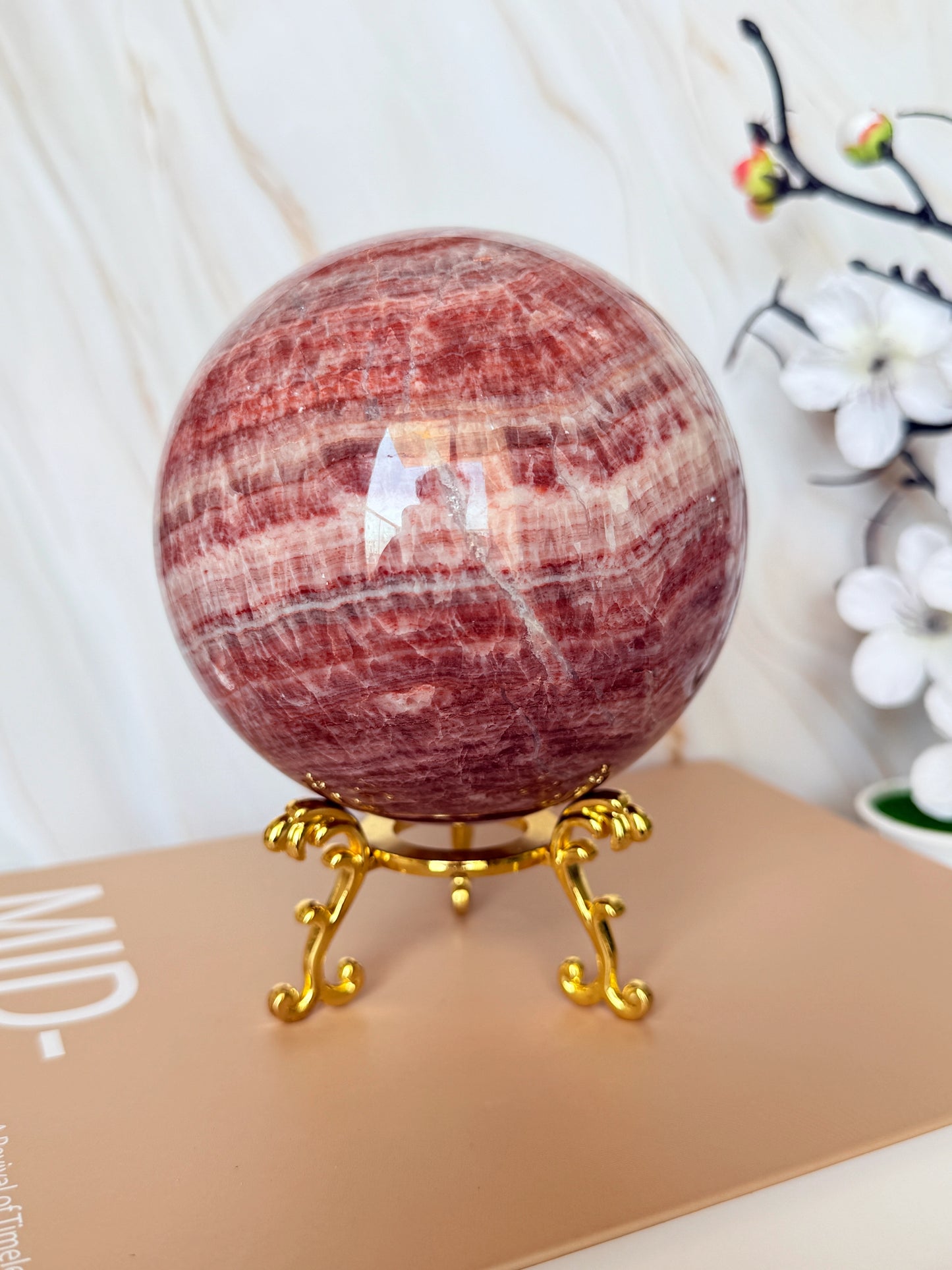 Red Banded Calcite Sphere | Pork Stone | Deep Raspberry & White Banding | Polished | 10cm | Peru