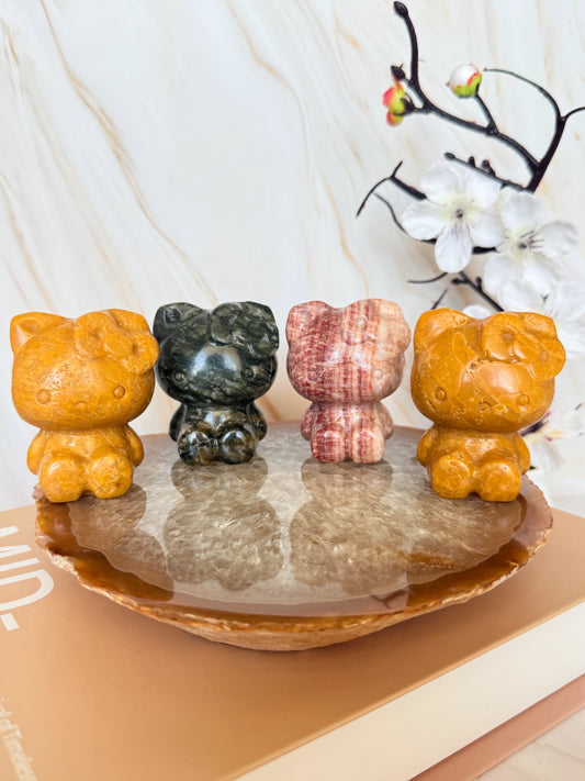 Cute Cat Crystal Carving | Yellow Jade, Green Jade & Red Calcite | 6cm | China
