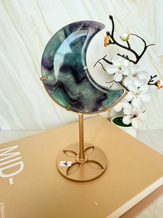 Rainbow Fluorite Crescent Moon | Purple & Teal | Gold Stand | One of a Kind | 13cm
