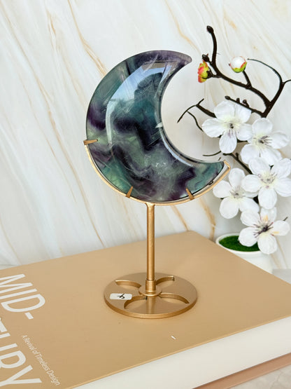 Rainbow Fluorite Crescent Moon | Purple & Teal | Gold Stand | One of a Kind | 13cm