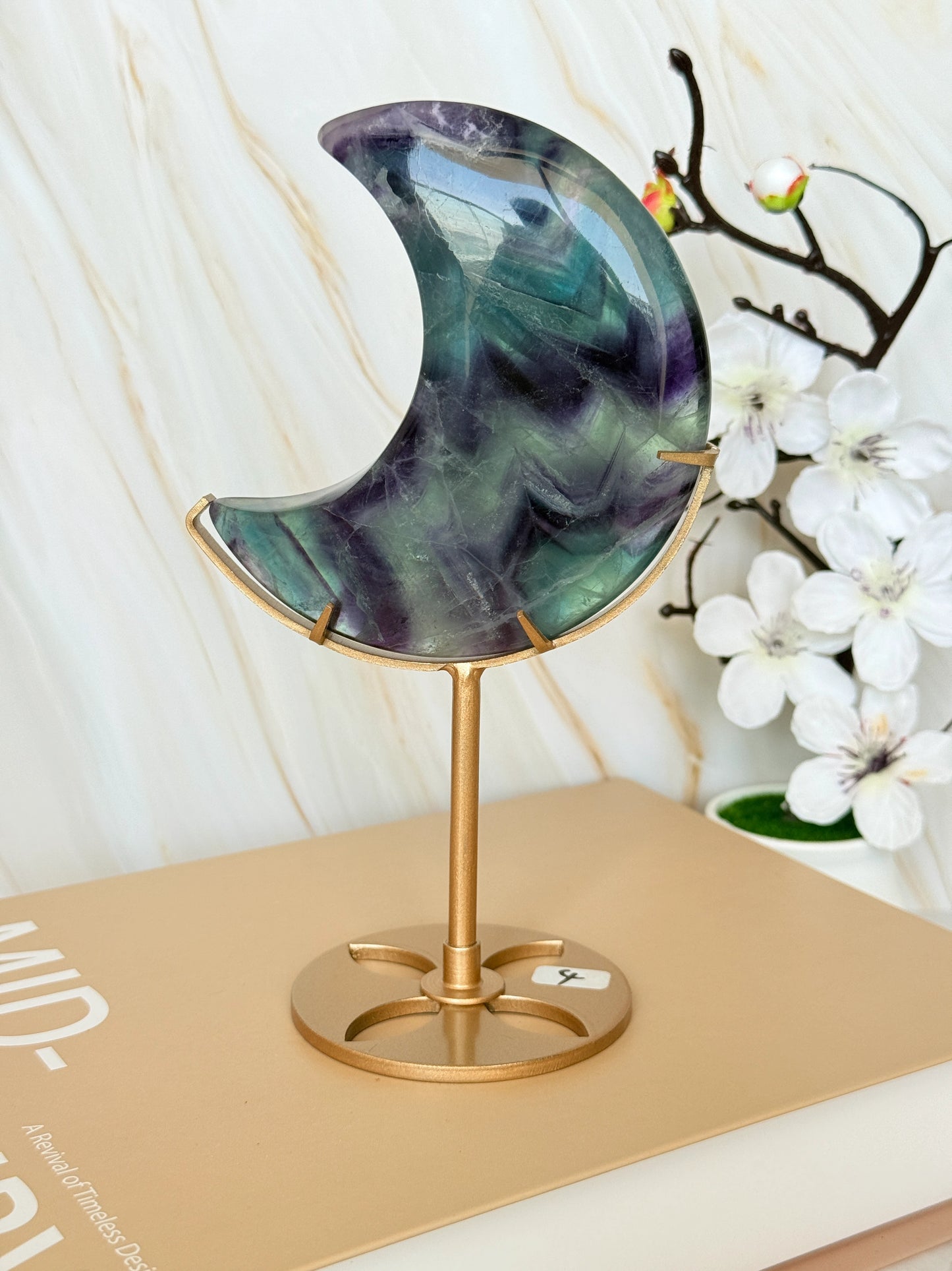 Rainbow Fluorite Crescent Moon | Purple & Teal | Gold Stand | One of a Kind | 13cm