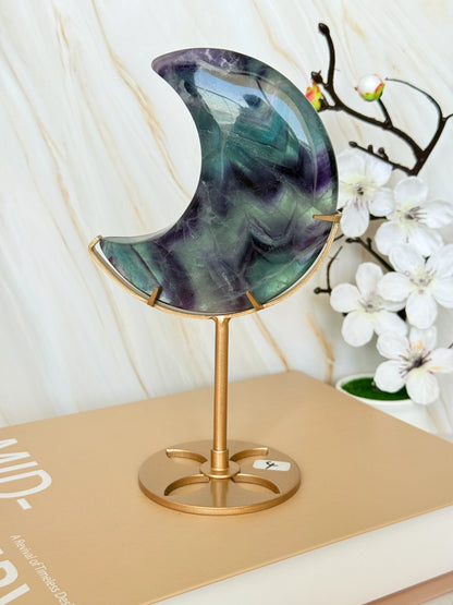 Rainbow Fluorite Crescent Moon | Purple & Teal | Gold Stand | One of a Kind | 13cm