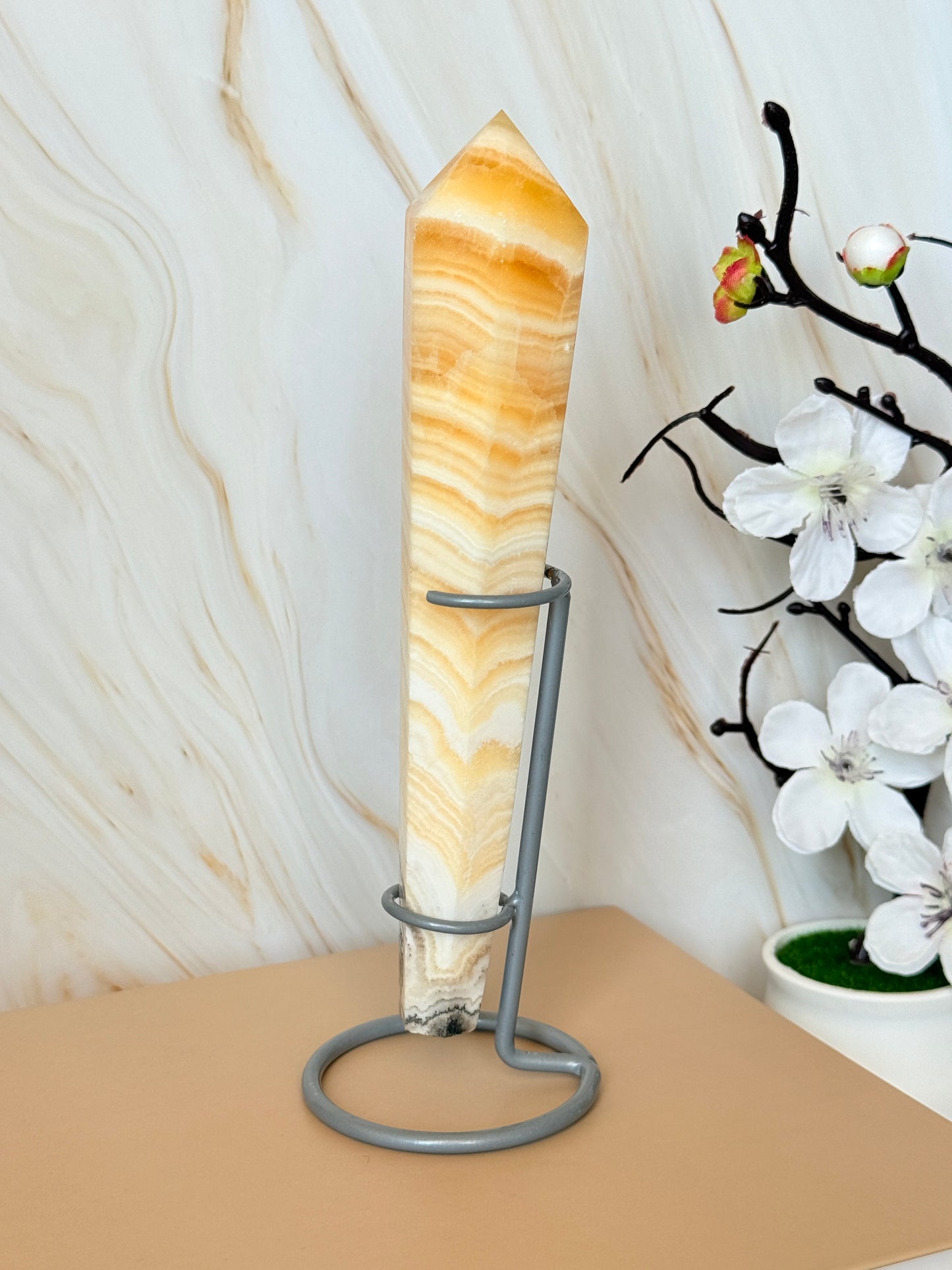 Yellow Banded Calcite Wand | Natural Dendrites | Polished Point | China | 17.5cm